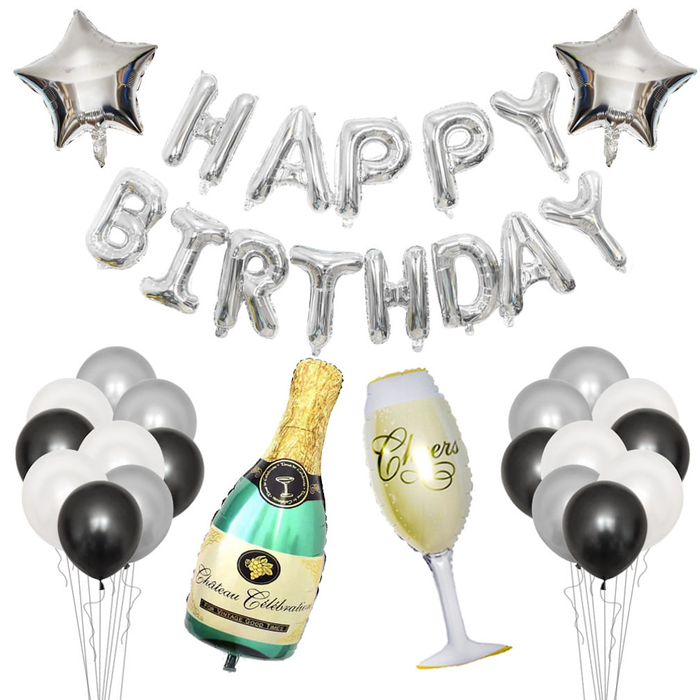 Kit De Balão Em Forma De Garrafa De Vinho, Folha De Látex Prateada, Confete, 23 Unidades