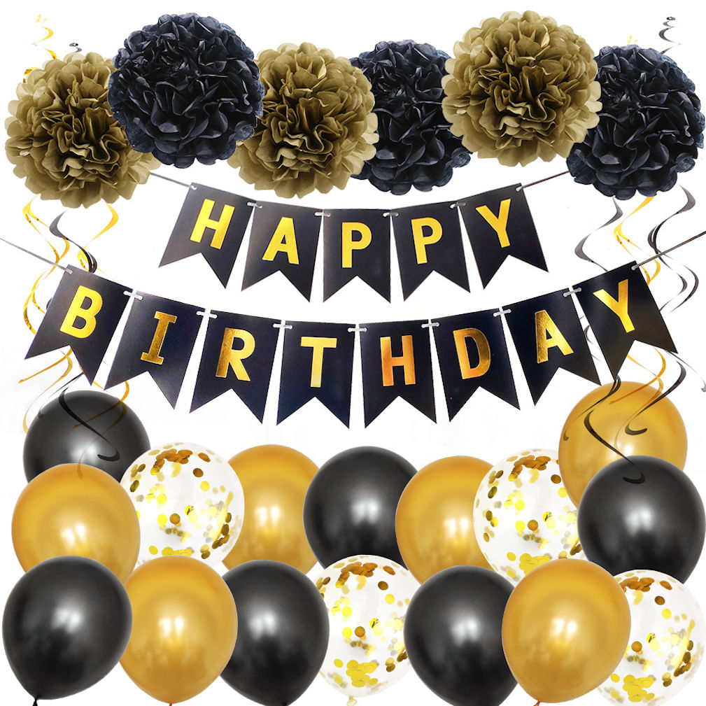 Kit De Balões Black Gold Birthday Latex Confetti X30