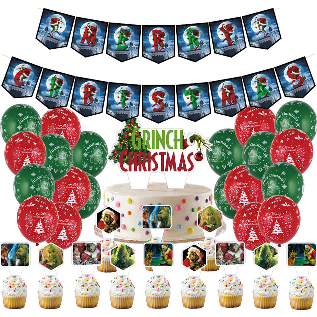 Kit De Balões Grinchs 34 Balões De Látex Com Cobertura De Bolo Banner