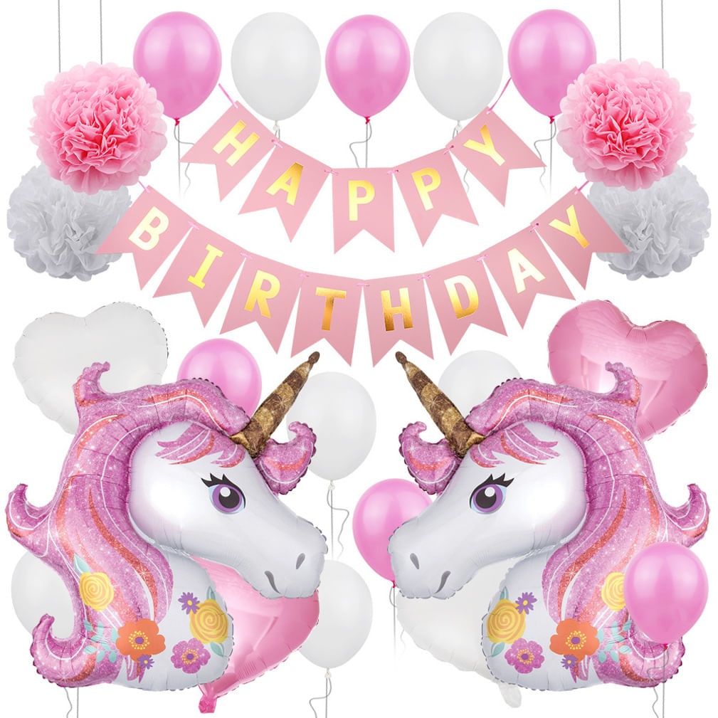 Kit De Balão Party Unicorn Birthday Pink 23 Peças De Papel Alumínio De Látex