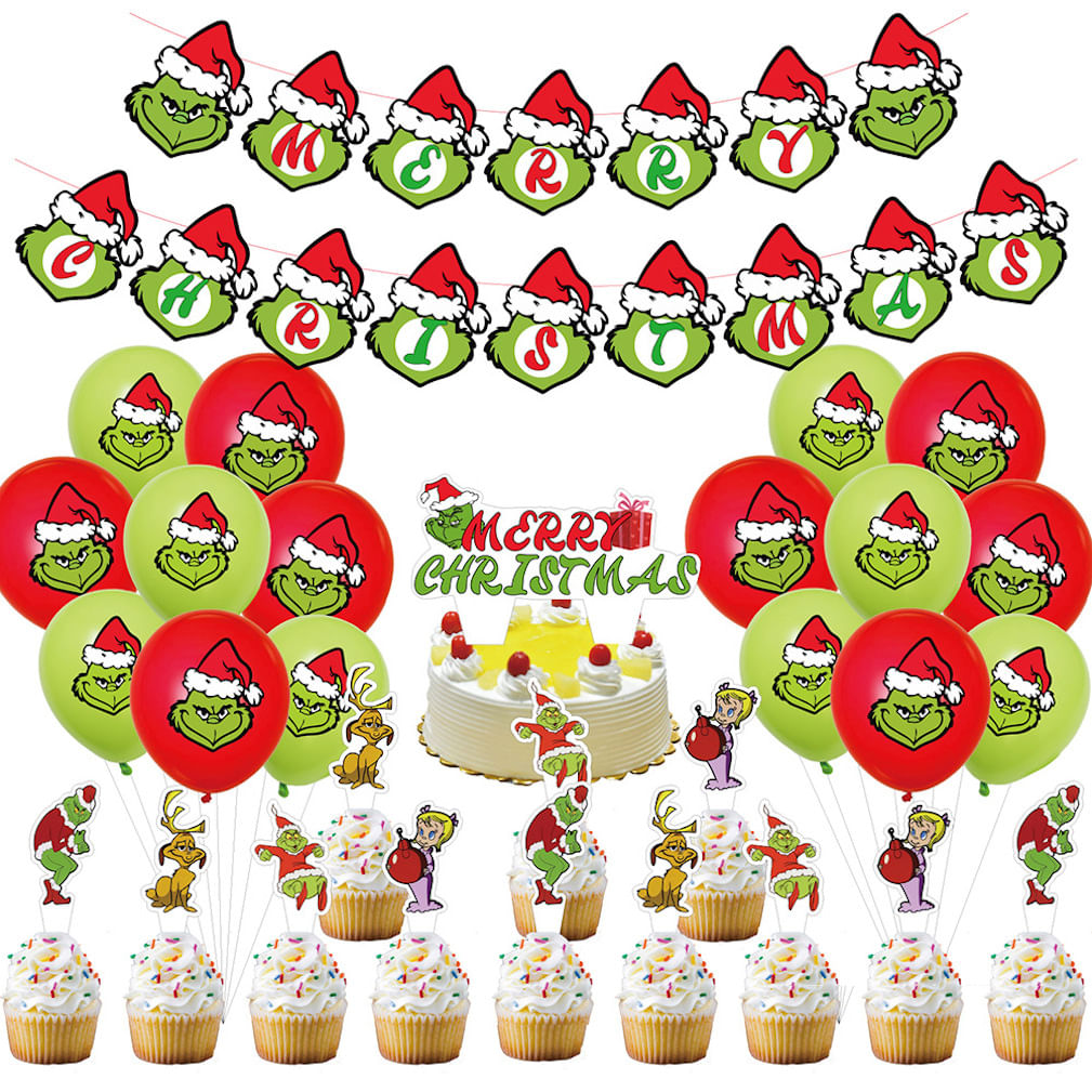 Kit De Balões Grinchs 30 Balões De Látex Com Cobertura De Bolo Banner
