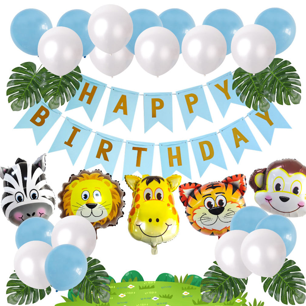 Kit De Balão De Festa Forest Animal 36 Peças De Papel Alumínio De Látex Azul Branco
