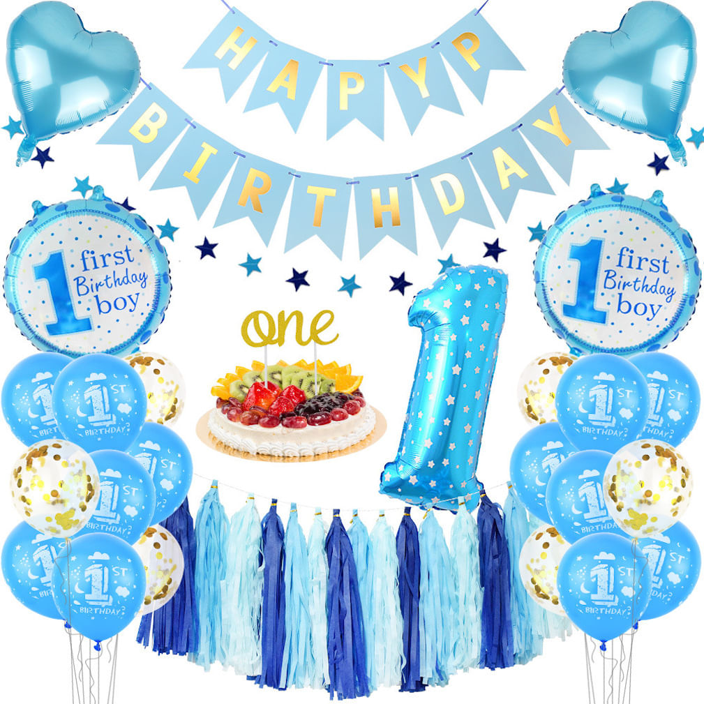 Kit De Balão, 1º Feliz Aniversário, Azul, 43 Peças De Látex, Confete, Foi