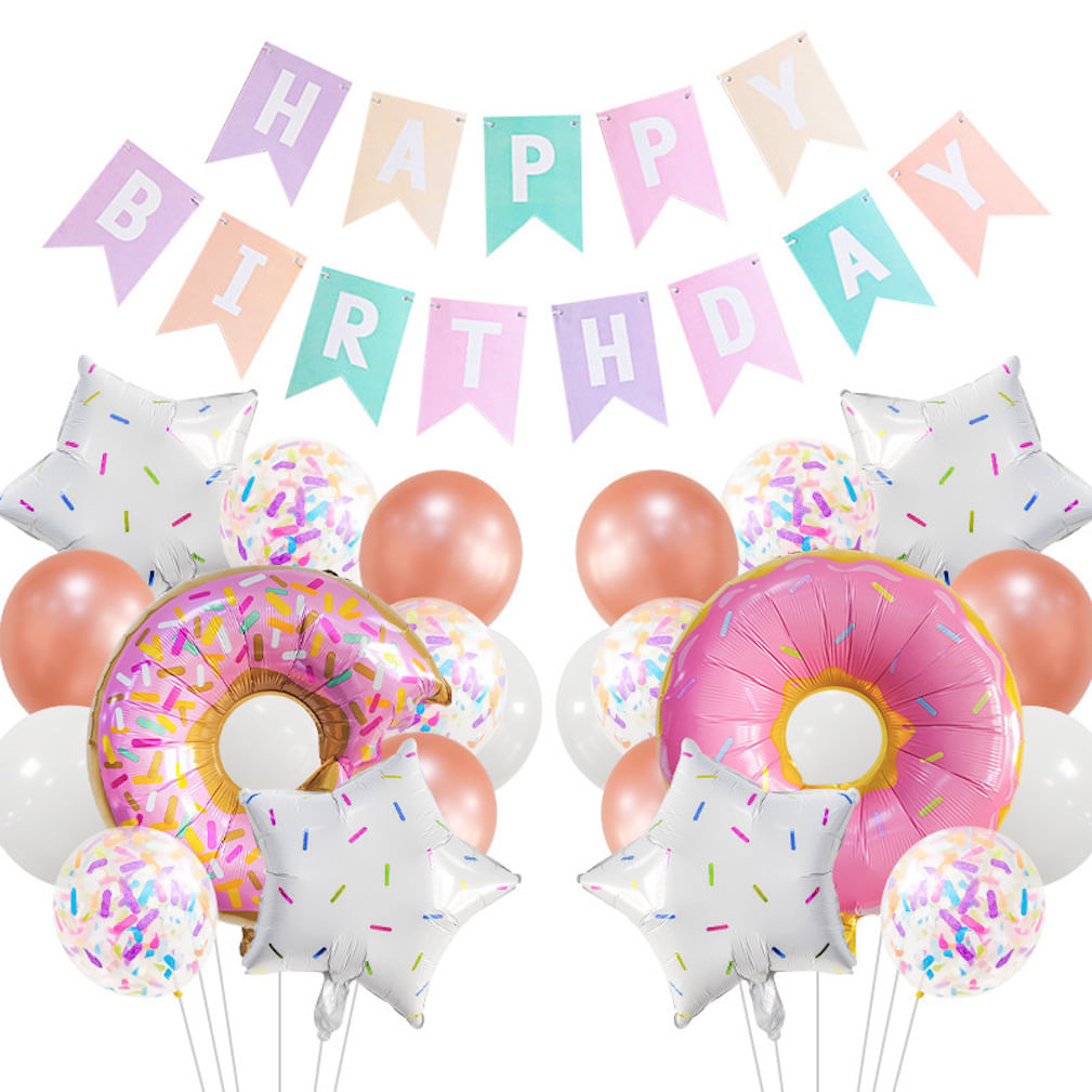 Kit De Balão Donut Latex Foil Confetti 25 Unidades Com Acessórios