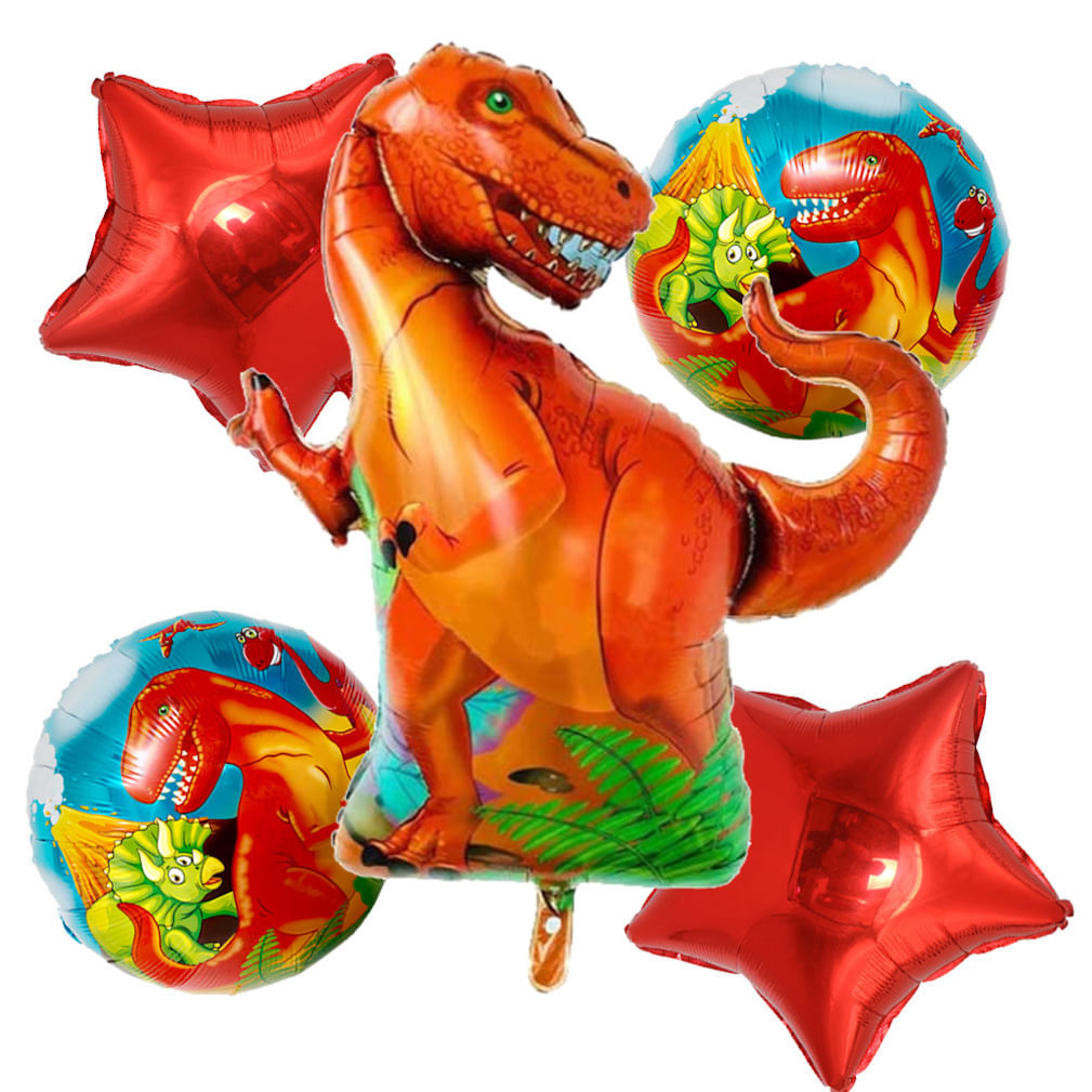 Kit De Balão Mylar Dinosaur, 5 Unidades, Tyrannosaurus Star