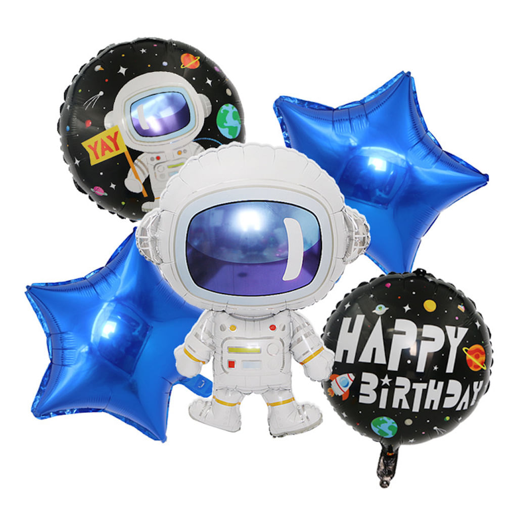 Kit De Balões Feliz Aniversário Mylar Star Space Man X5