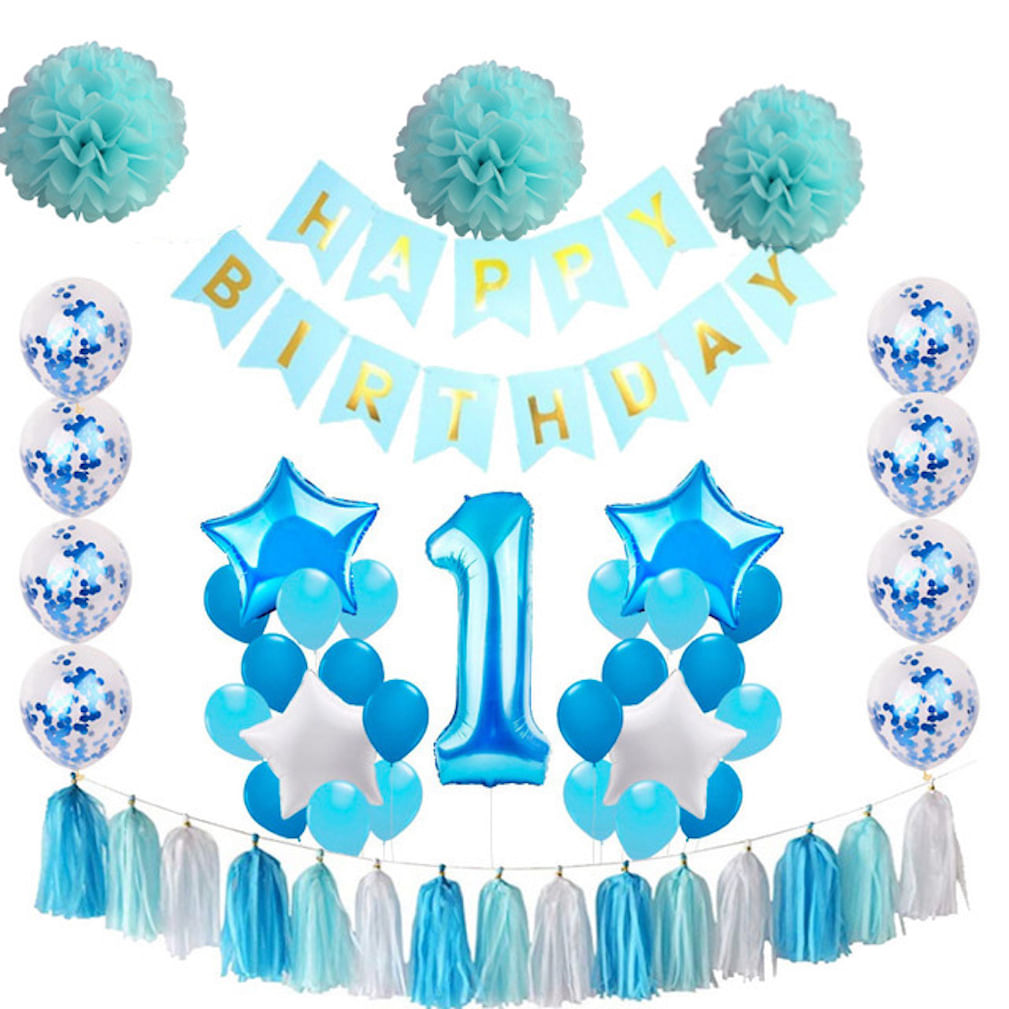 Kit De Balão Azul De 1º Aniversário, 52 Unidades Com Pompons De Papel, Látex