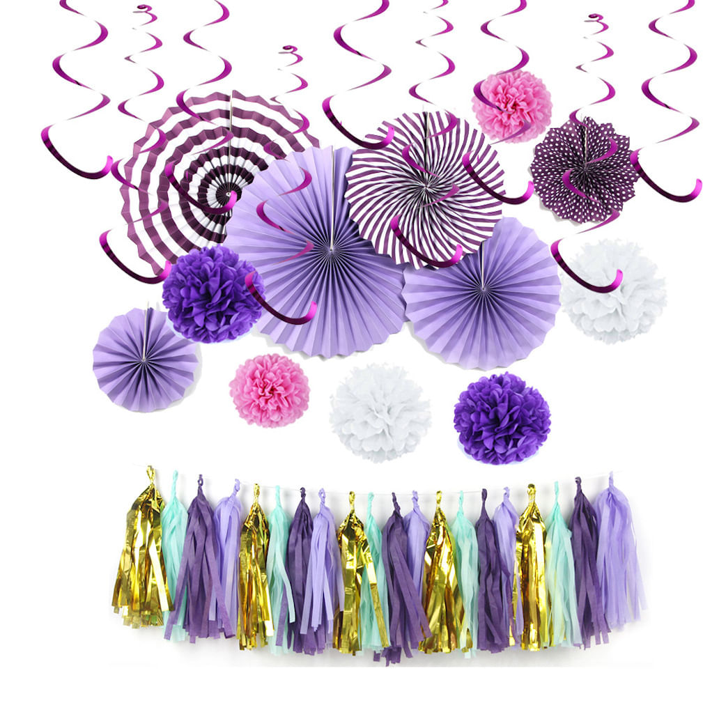 Kit De Decoração De Festa Purple Hanging Swirls Paper Pompo