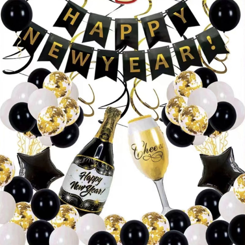 Kit De Balão Feliz Ano Novo, 65 Unidades De Látex Laminado Com Acessórios