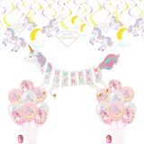 Kit De Balão De Feliz Aniversário, Látex Rosa, 33 Unidades Com Banner E Espirais