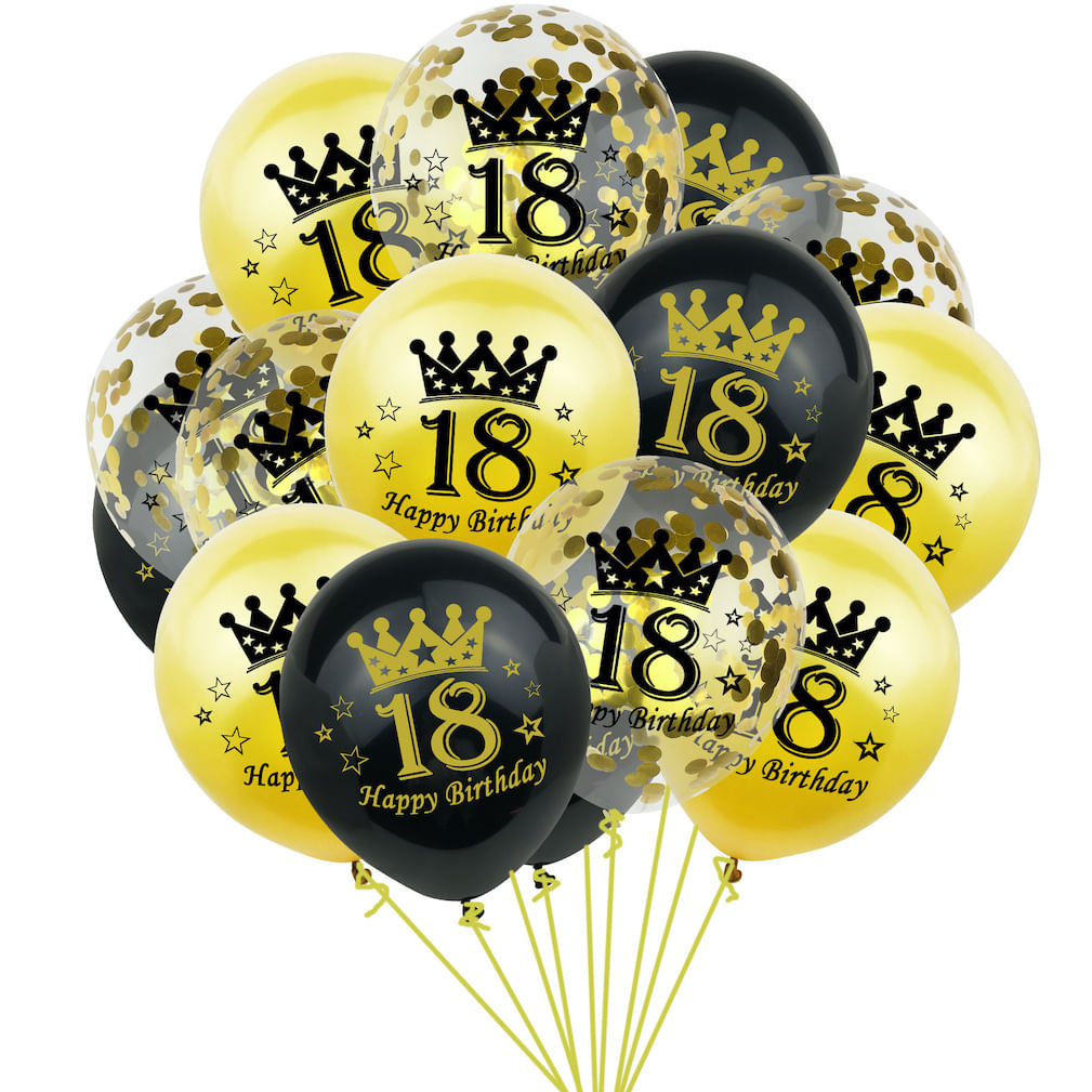 Kit De Balões De Aniversário 18 Black Gold Latex Confetti X15