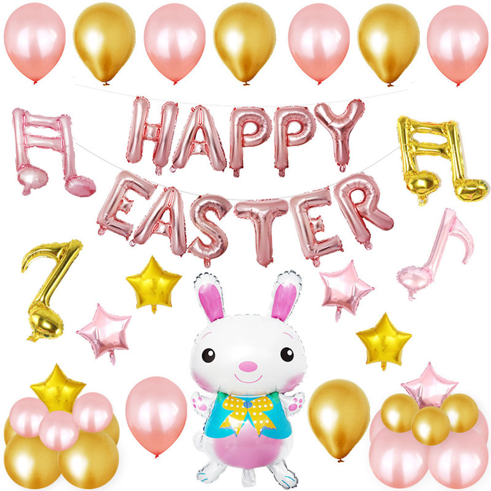 Kit De Balão Happy Easter 50 Unidades De Látex Mylar Com Fita E Viscose