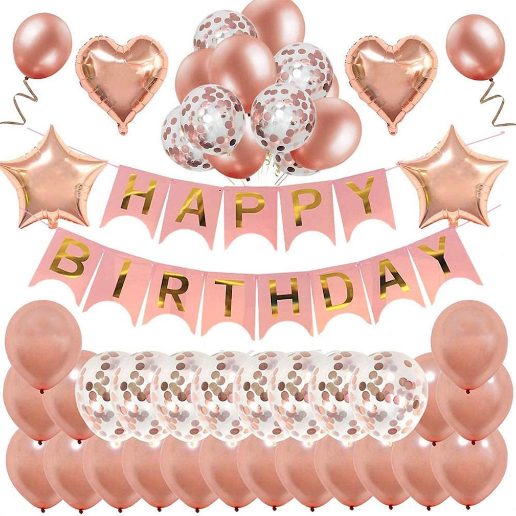 Kit Balloon Arch Feliz Aniversário, 39 Unidades, Ouro Rosa, Látex, Estrela H