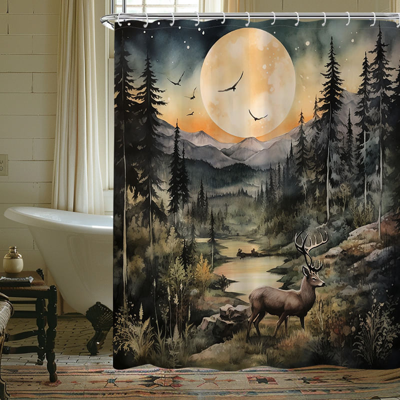 Cortina De Chuveiro Scenic Forest Deer Impermeável Poliéster 180x200cm