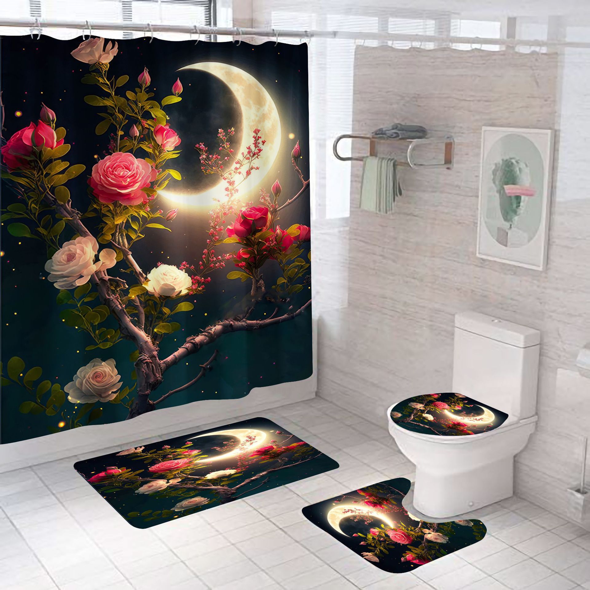 Conjunto De Banheiro Floral Moon Polyester Com Cortina De Chuveiro E Tapetes