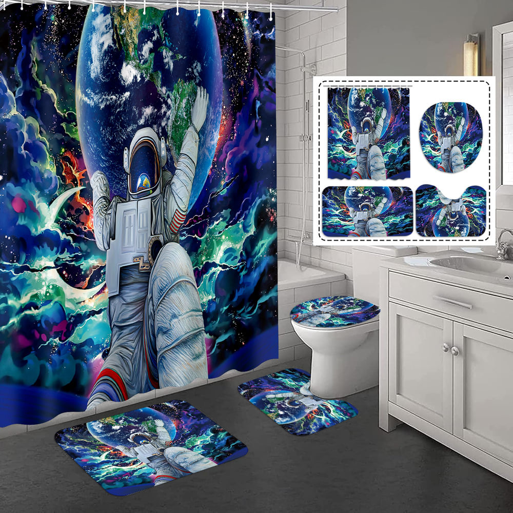 Conjunto De Banheiro Astronaut Space Shower Cortina Com Tapete Antiderrapante