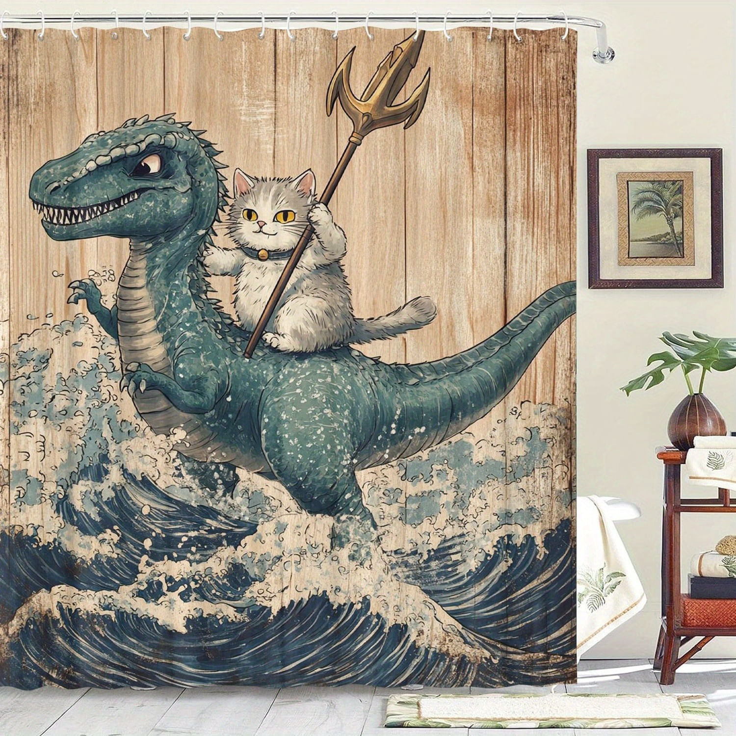 Cortina De Chuveiro Funny Cat Riding Dinosaur Impermeável 180x200cm