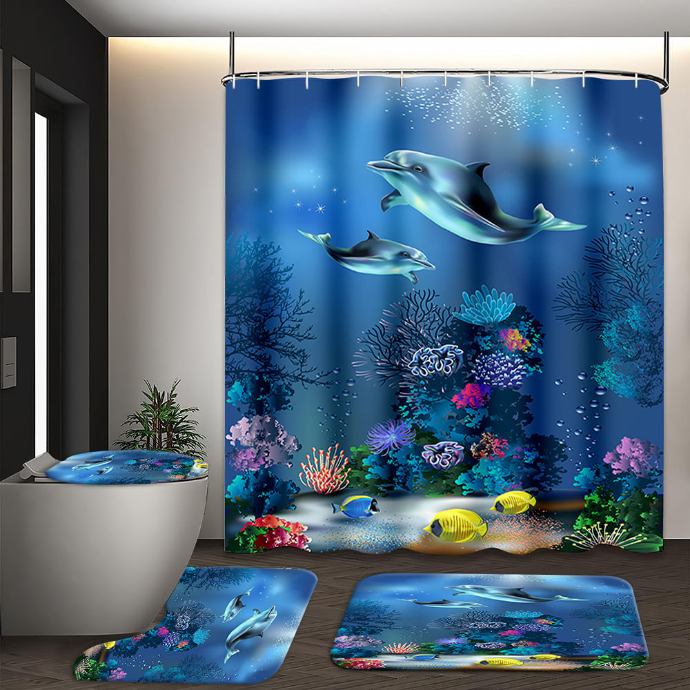 Conjunto De Cortinas De Chuveiro Dolphin Ocean Life De 4 Peças Com Tapete E Capa