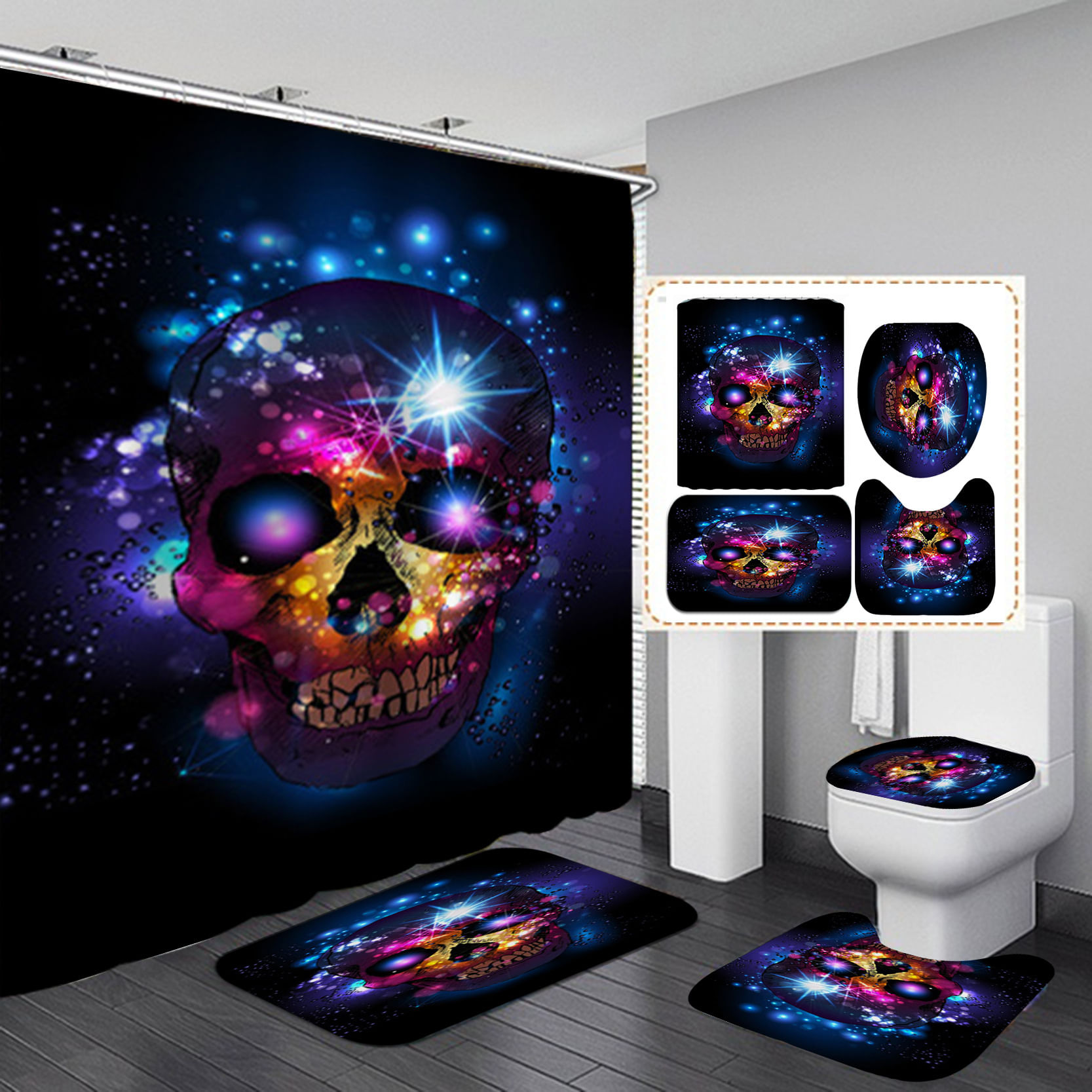 Conjunto De Cortinas De Chuveiro Neon Skull Cosmic Bathroom Decor De 4 Peças
