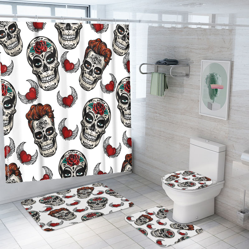 Conjunto De Banheiro Com Cortina De Chuveiro Skull And Rose Com Tapete E Tapete