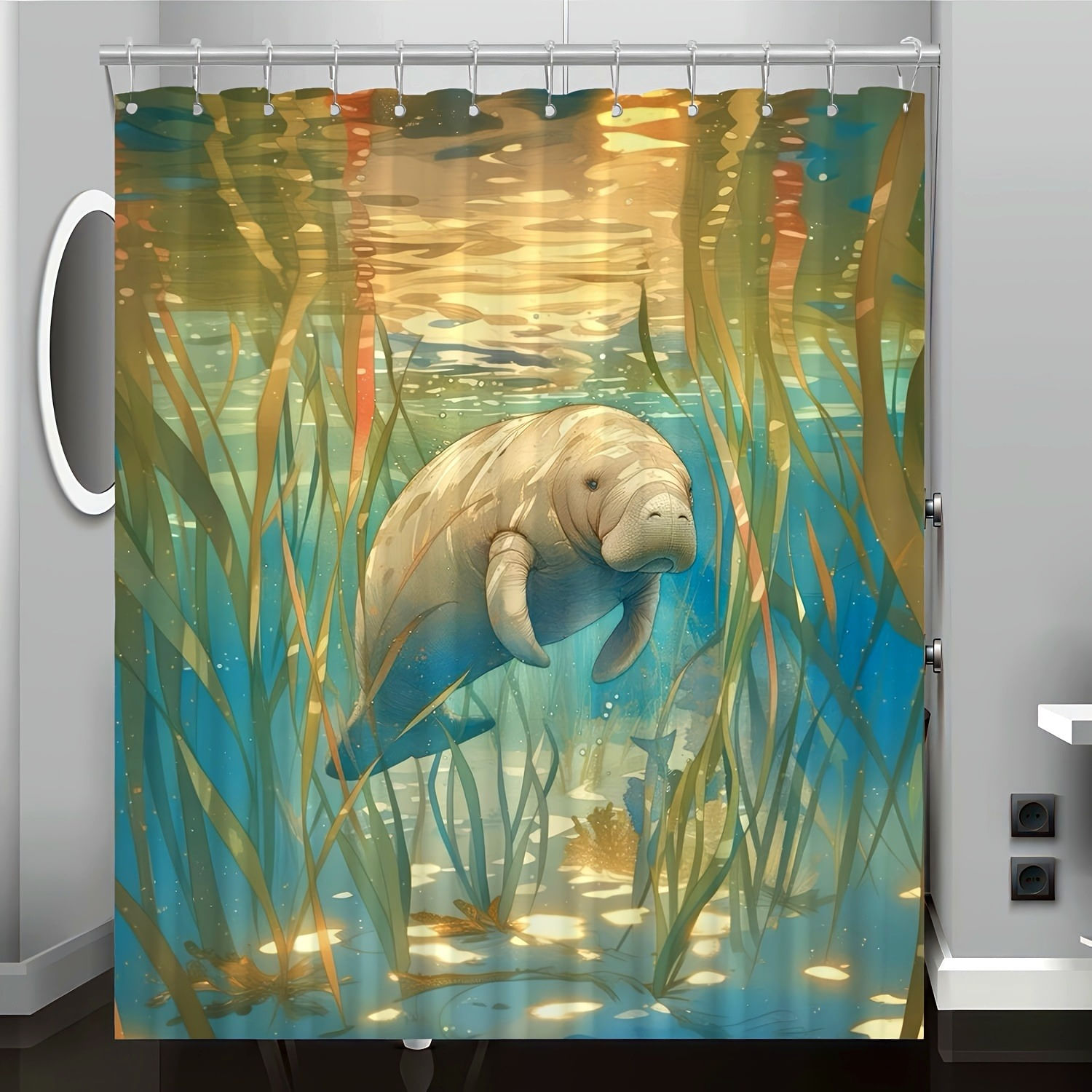 Cortina De Chuveiro Subaquática Manatee Ocean Theme 180x200cm