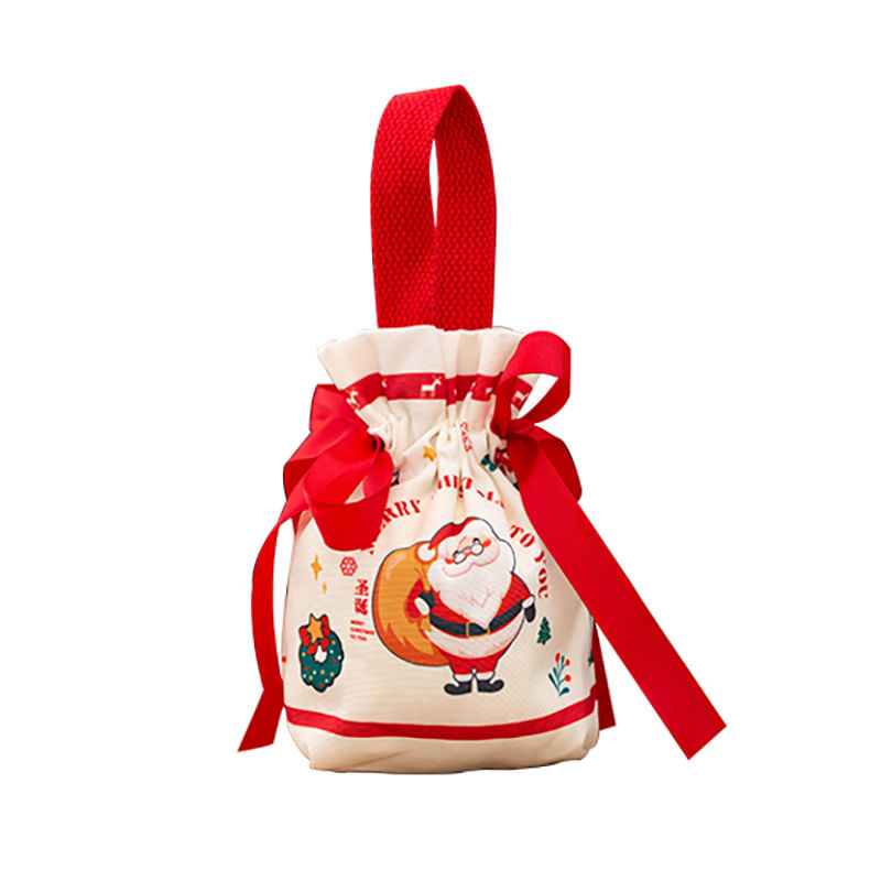 Sacola De Presente De Natal Com Estampa De Papai Noel Em Tela 9x5,5x21cm, Fita Vermelha