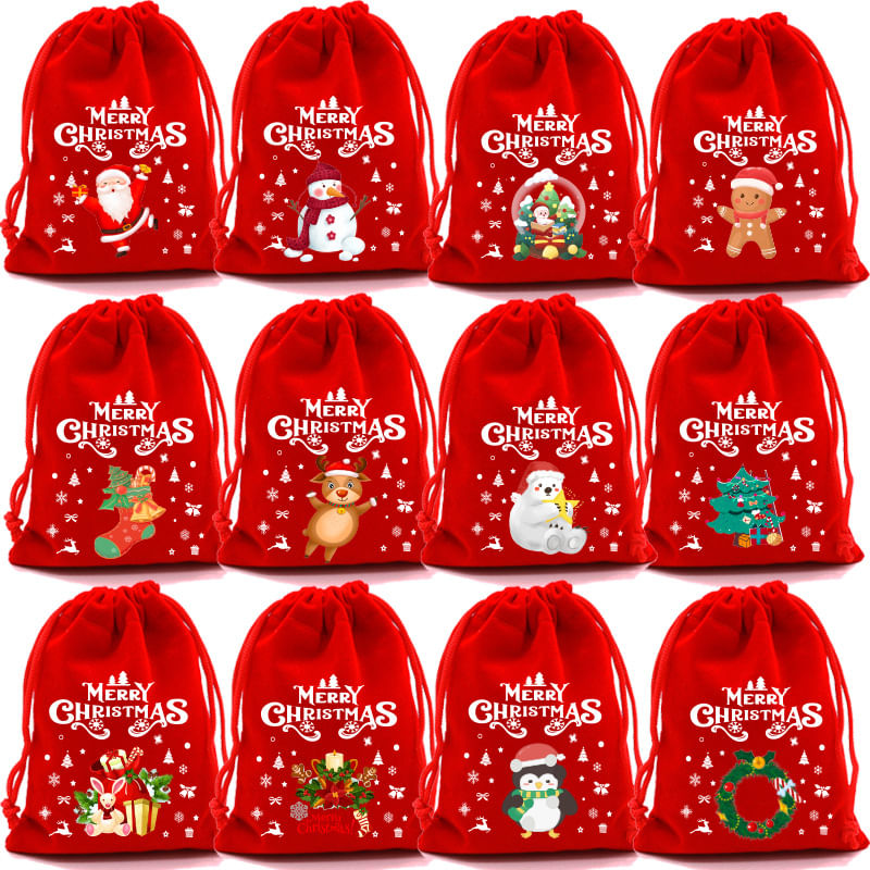 Sacola De Presente De Natal, Pacote Com 12 Pacotes De Veludo Vermelho Com Estampas Festivas