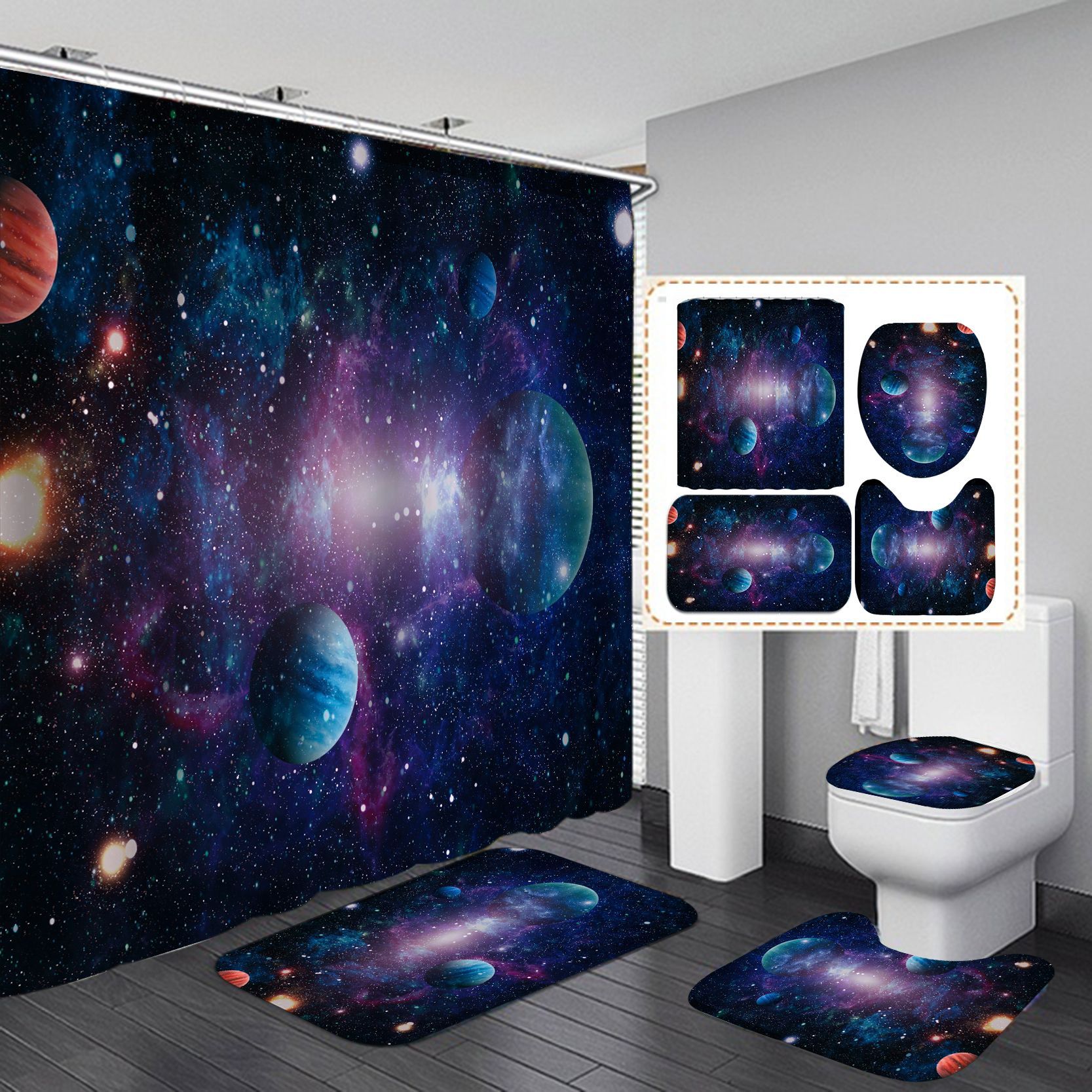 Conjunto De Banheiro Galaxy Shower Curtain Com Planetas E Tapete Antiderrapante