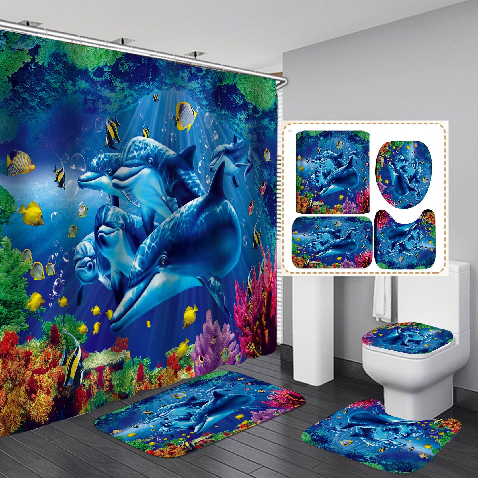 Conjunto De Cortinas De Chuveiro Dolphin And Ocean Life, 4 Unidades Com Tapetes