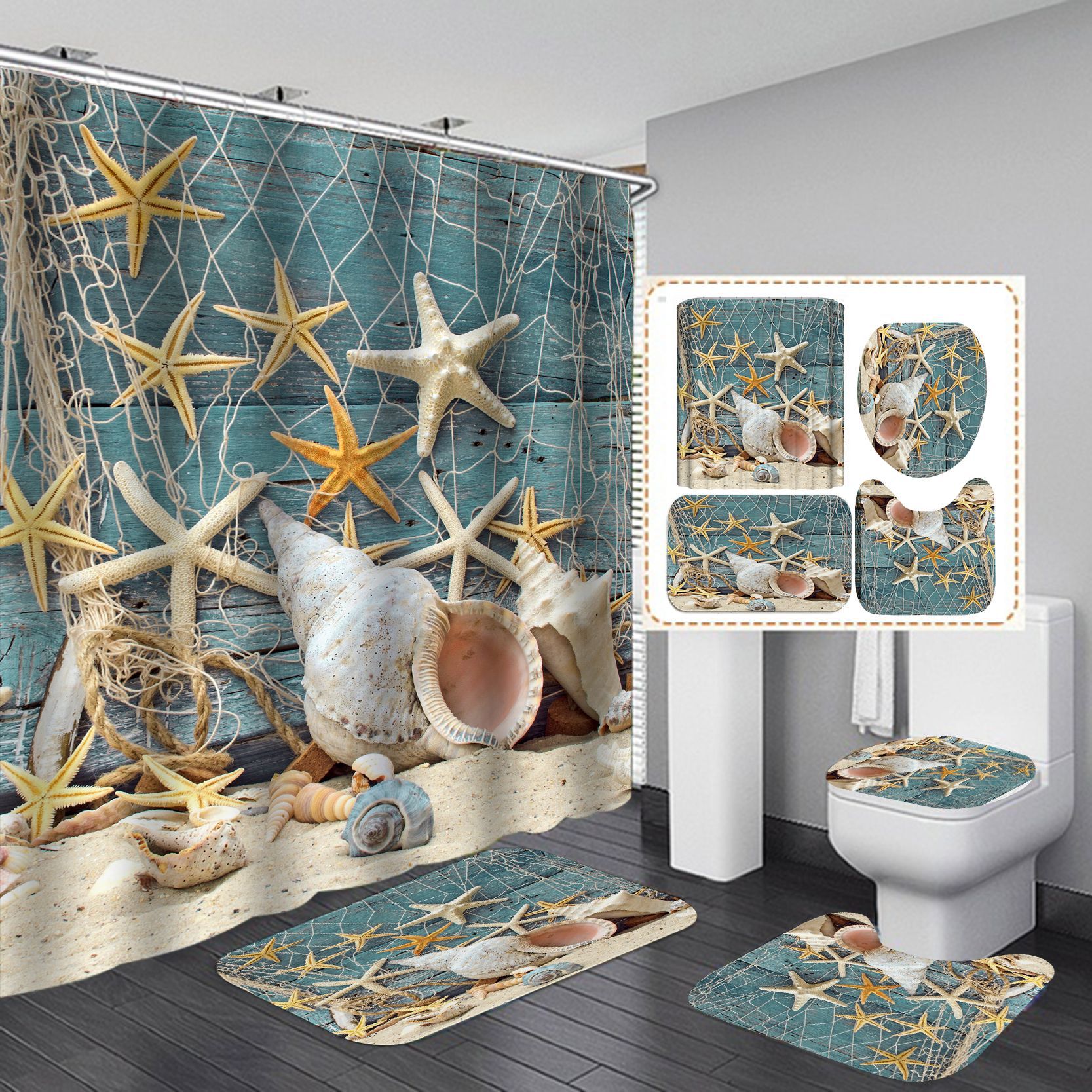 Conjunto De Cortinas De Chuveiro 3D Starfish Seashell Bathroom Decor