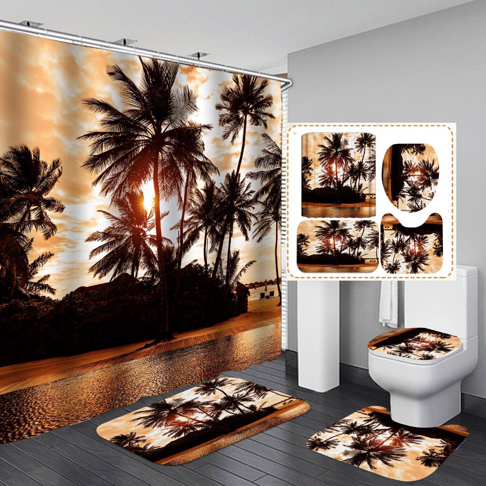 Conjunto De Banheiro Com Cortina De Chuveiro Tropical Sunset Palm Tree