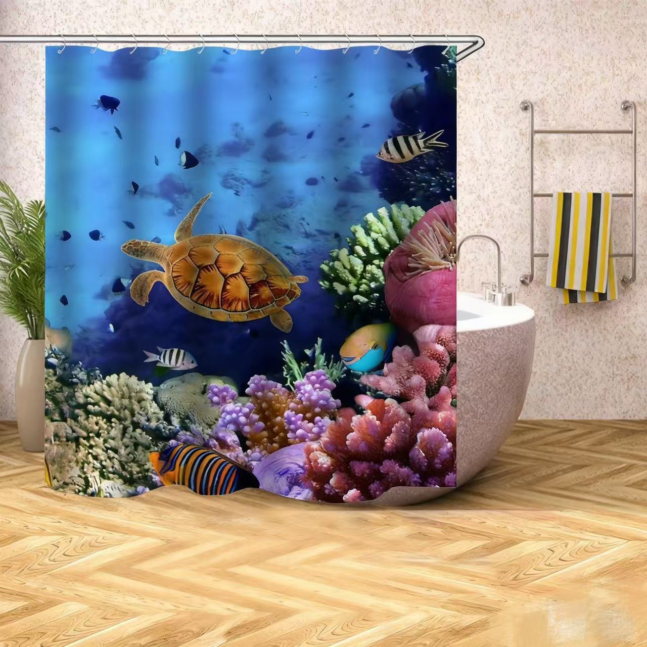 Cortina De Chuveiro Turtle Underwater Scene 180x200cm Poliéster