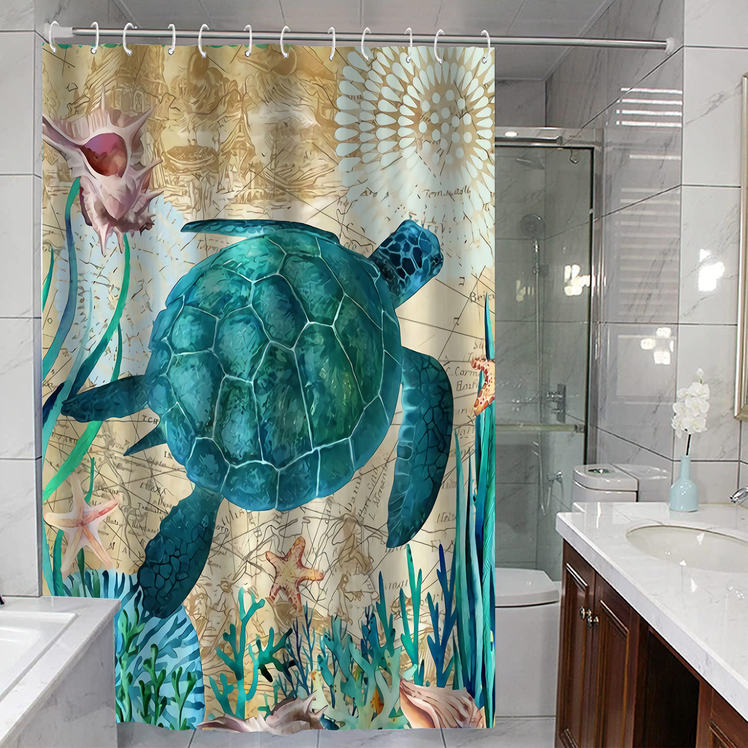 Cortina De Chuveiro Aquarela Green Turtle 180x180cm Poliéster