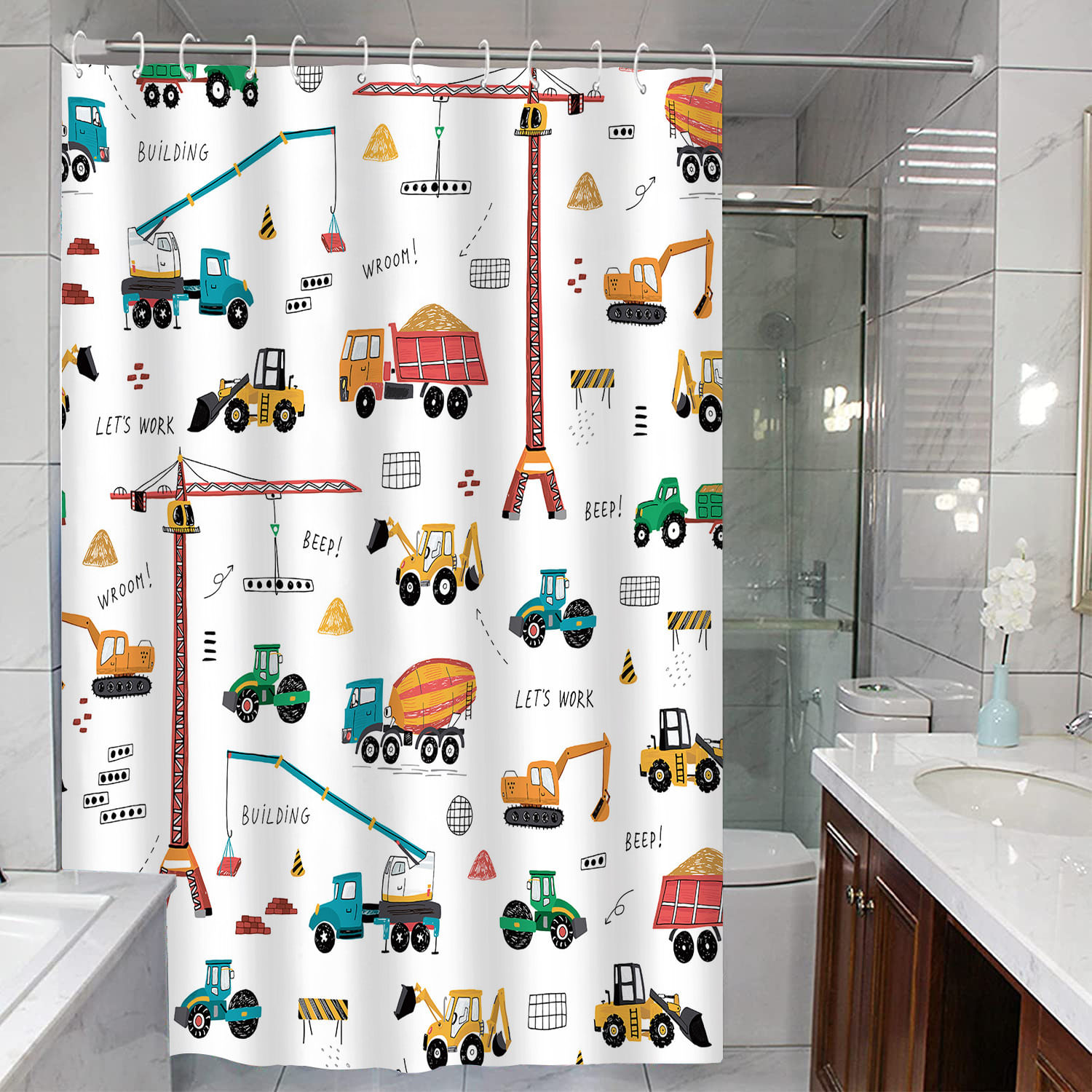 Veículos De Construção De Desenhos Animados Para Cortinas De Chuveiro Para Crianças