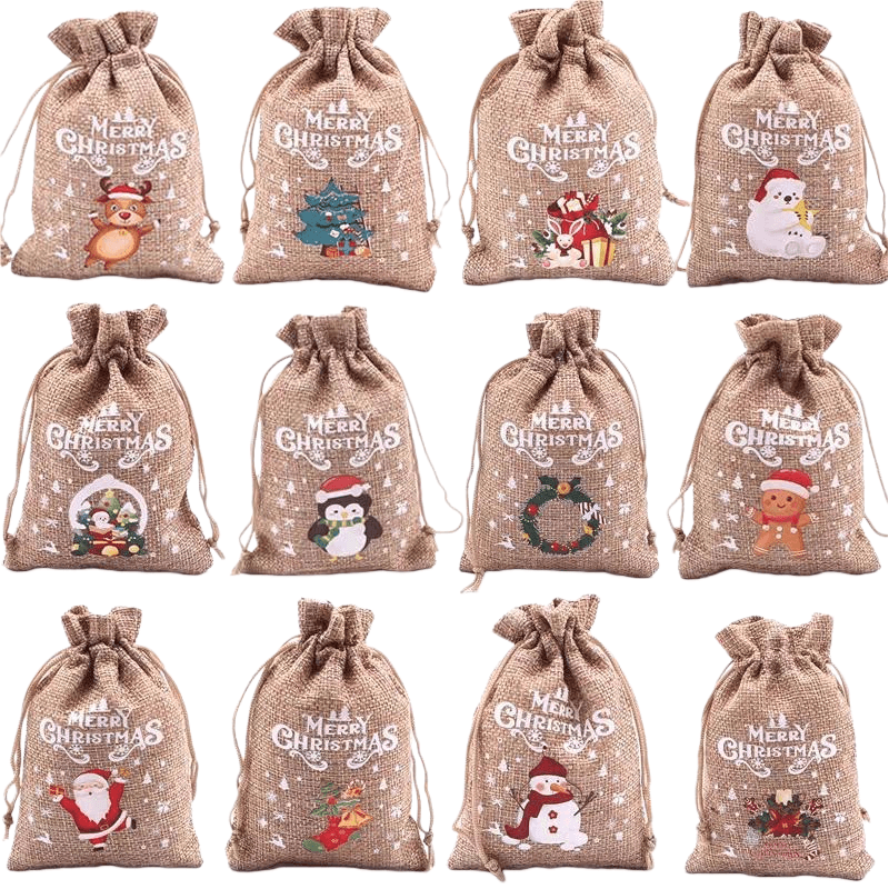 Conjunto De Sacola De Presente Com Cordão Em Estilo Tela De Natal, 12 Unidades