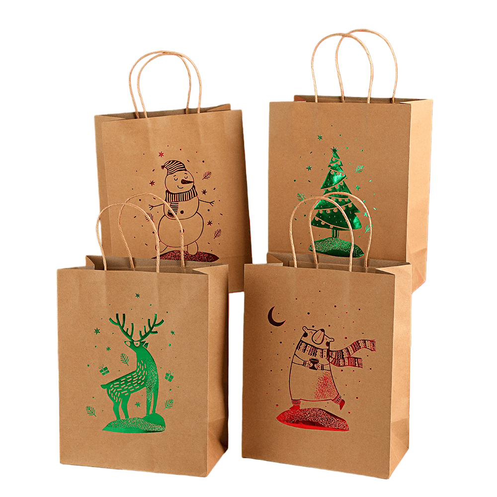 Conjunto De Sacolas De Presente De Natal Kraft Snowman &amp; Tree Prints 12 Unidades