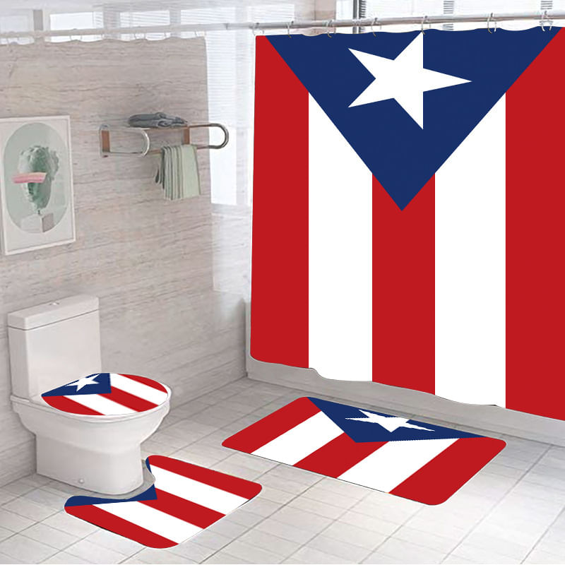 Conjunto De Banheiro Com Cortina De Chuveiro Com Bandeira De Porto Rico Com Tapetes Antiderrapantes