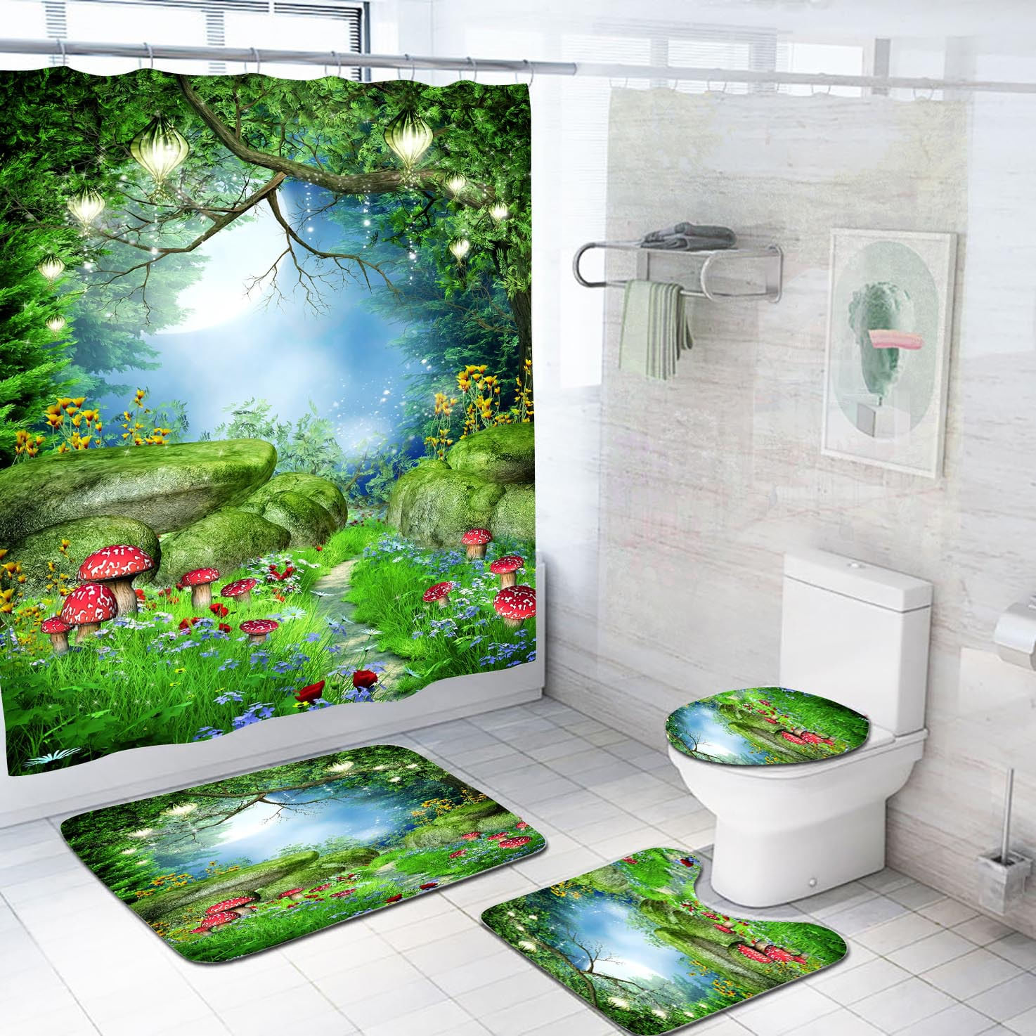 Conjunto De Cortinas De Chuveiro Forest Garden Com Cogumelos E Flores