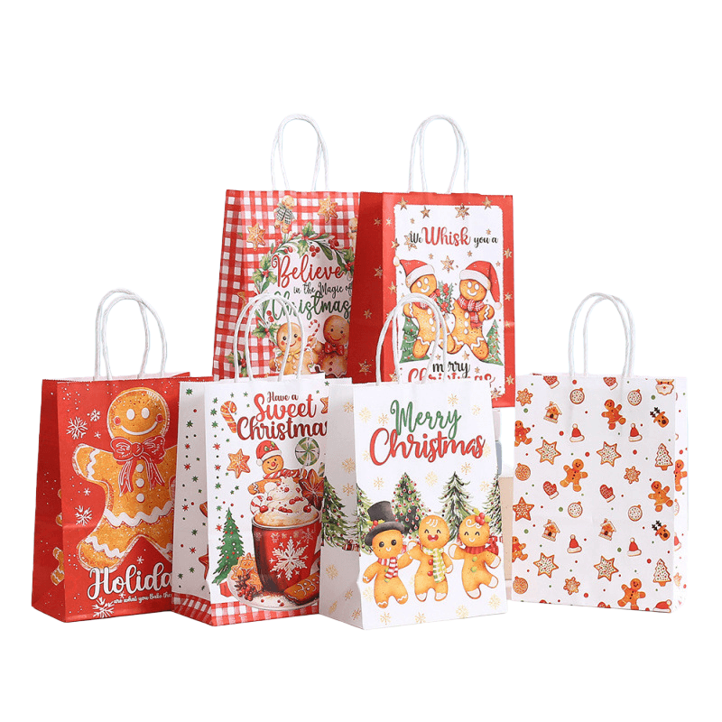 Sacolas Christmas Gingerbread Kraft Paper, Pacote Com 24
