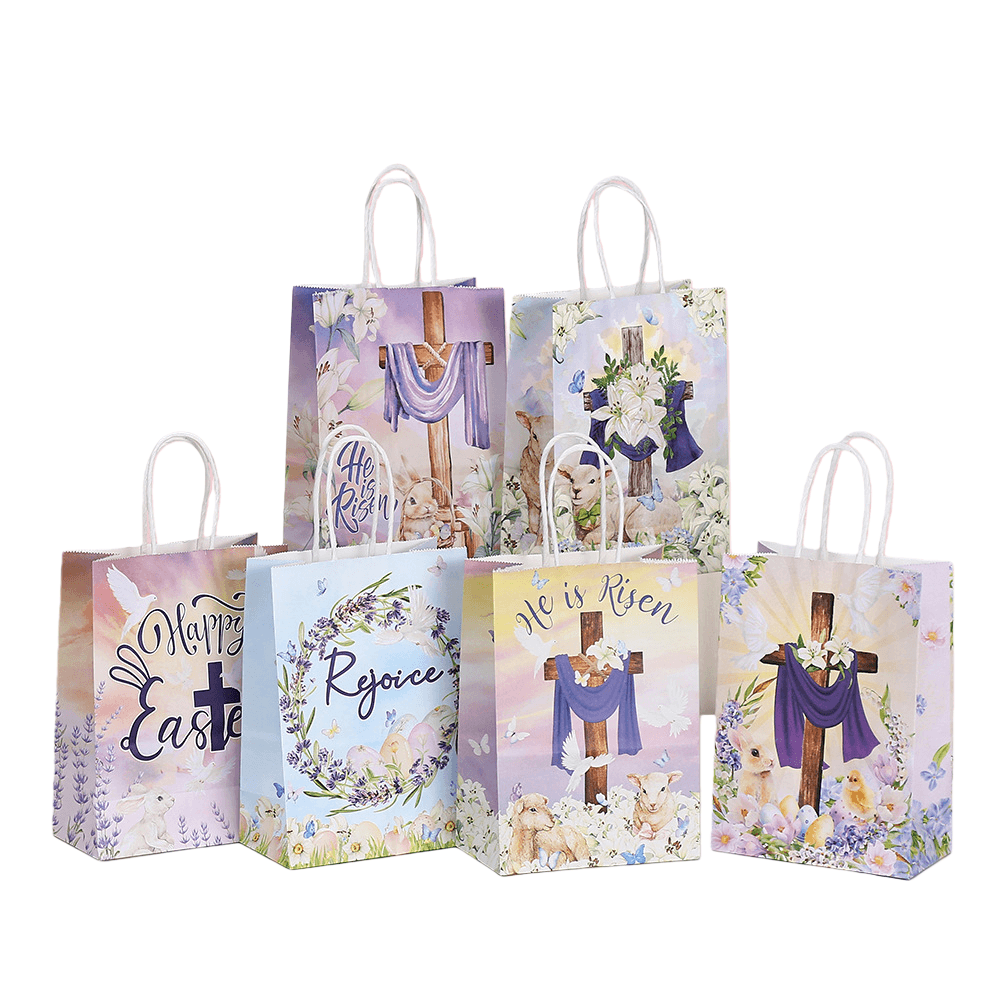 Pacote De 12 Sacos De Papel Kraft De Páscoa Com Estampas Coloridas 21x15x8cm