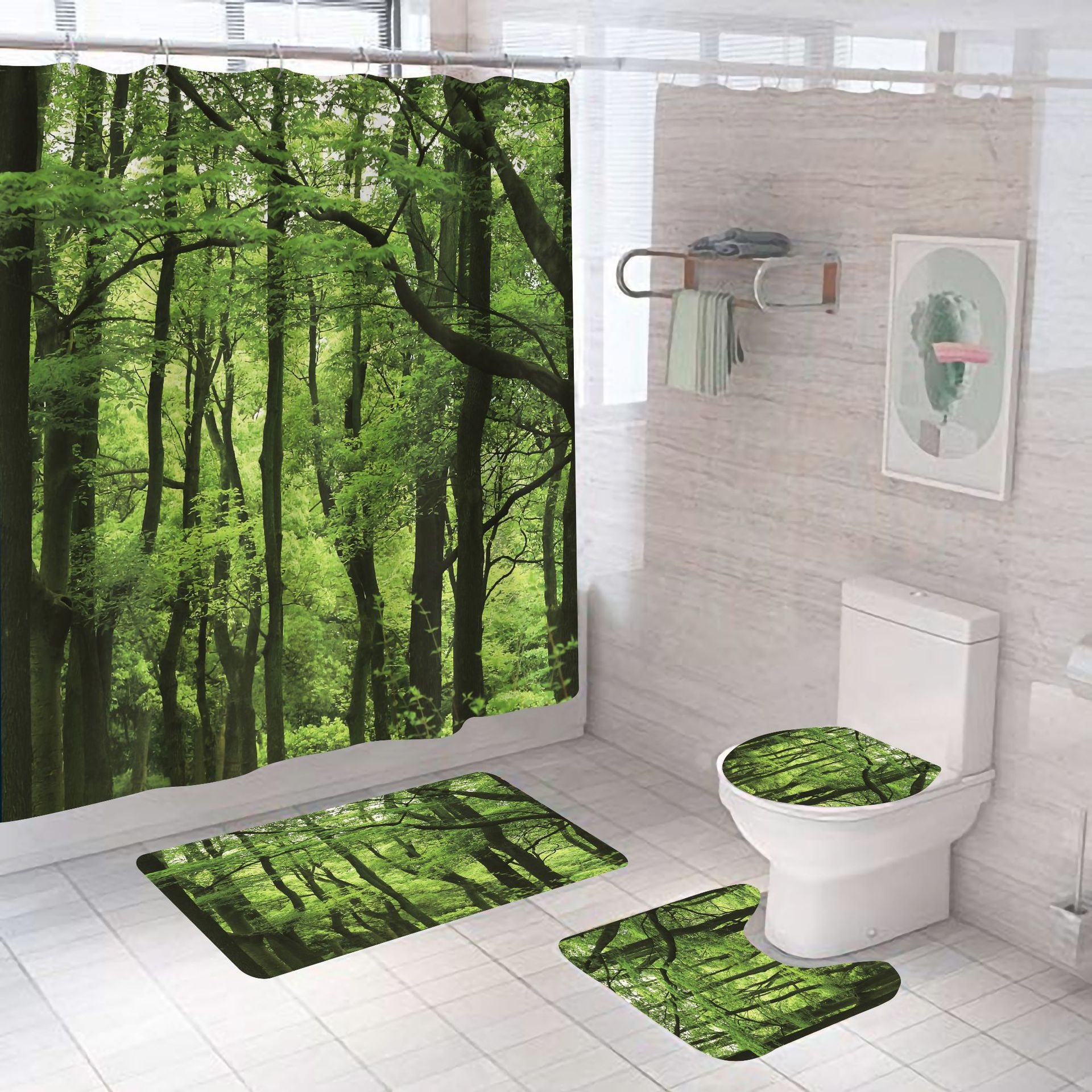 Conjunto De Banheiro: Cortina De Chuveiro Forest Com Tapetes, 4 Peças