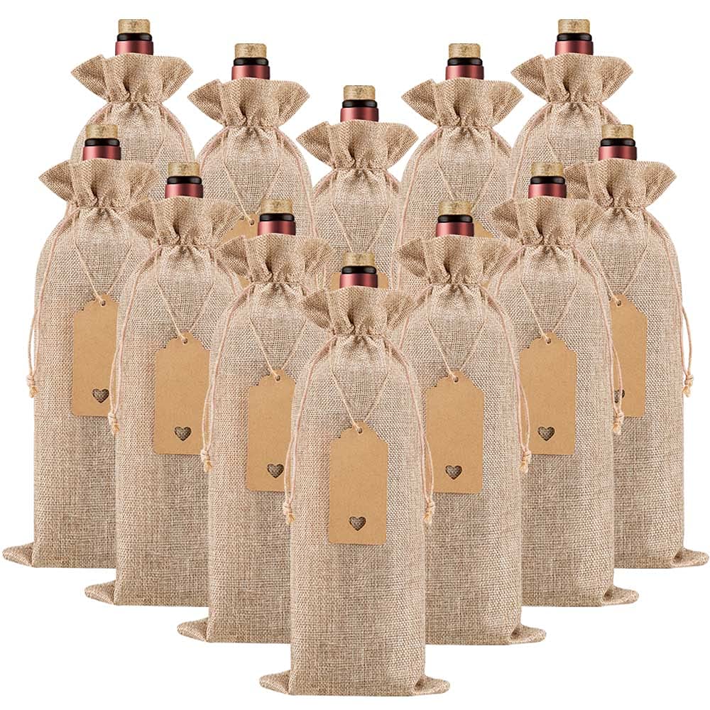 12 Bolsas Para Vino De Arpillera Homum Con Etiquetas De Regalo 36x16 Cm