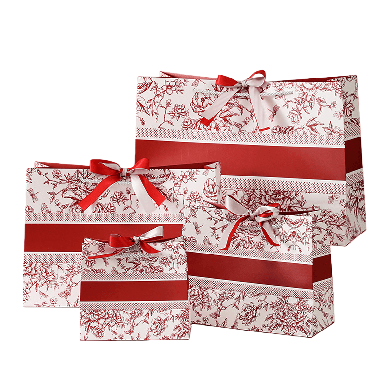 Bolsa De Presente, Papel De Cartão Branco Floral Vermelho Luxuoso, 4 Unidades