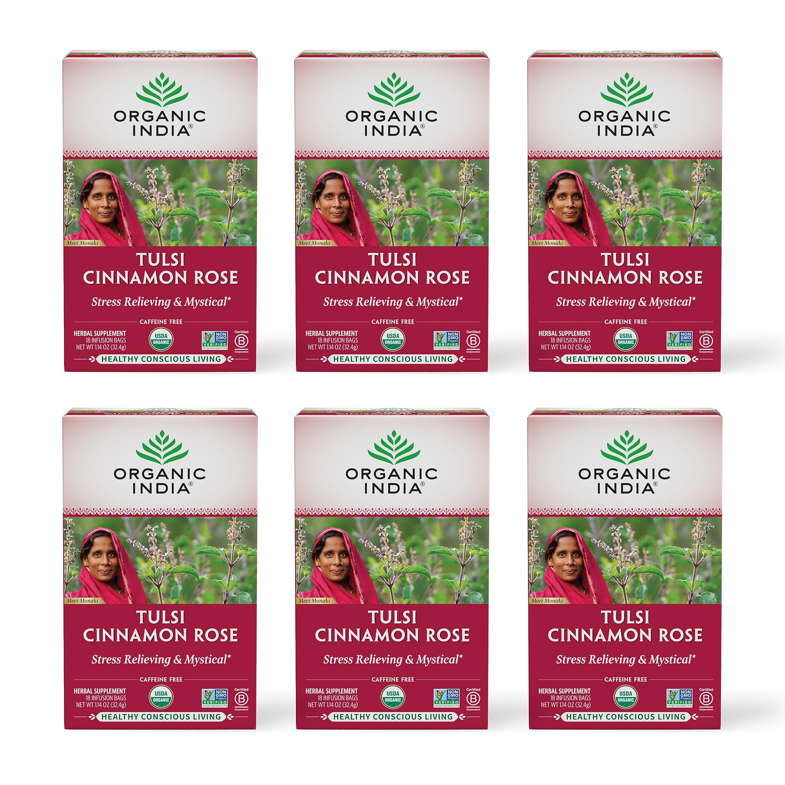 Tea Organic India Tulsi Cinnamon Rose, 18 Sacos, Pacote Com 6