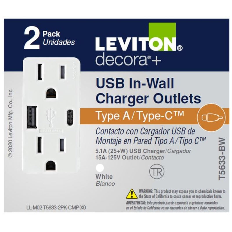 Outlet Leviton Decora Type A/C Duplex 15A Com Carregador USB, Pacote Com 2 Unidades