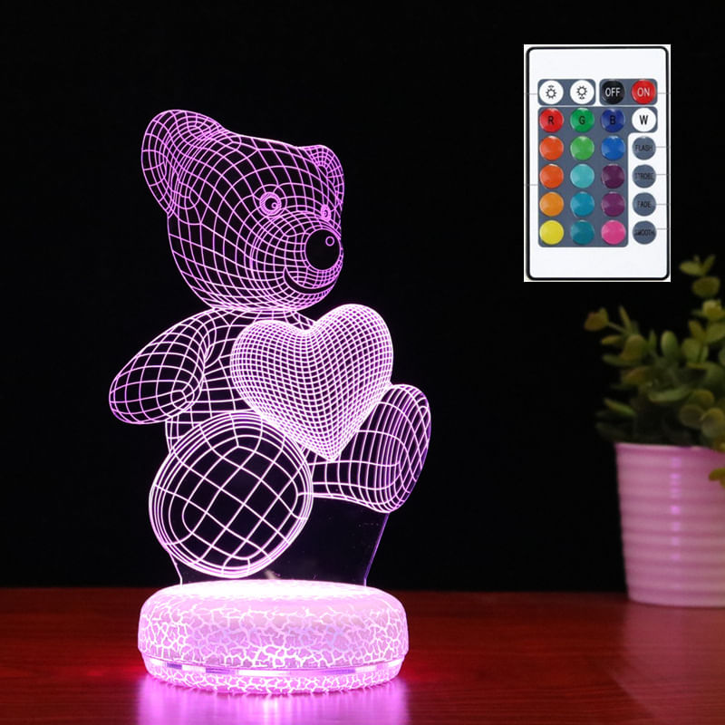 Luz Noturna 3D Heart Bear Colorful Gradient Led Recarregável