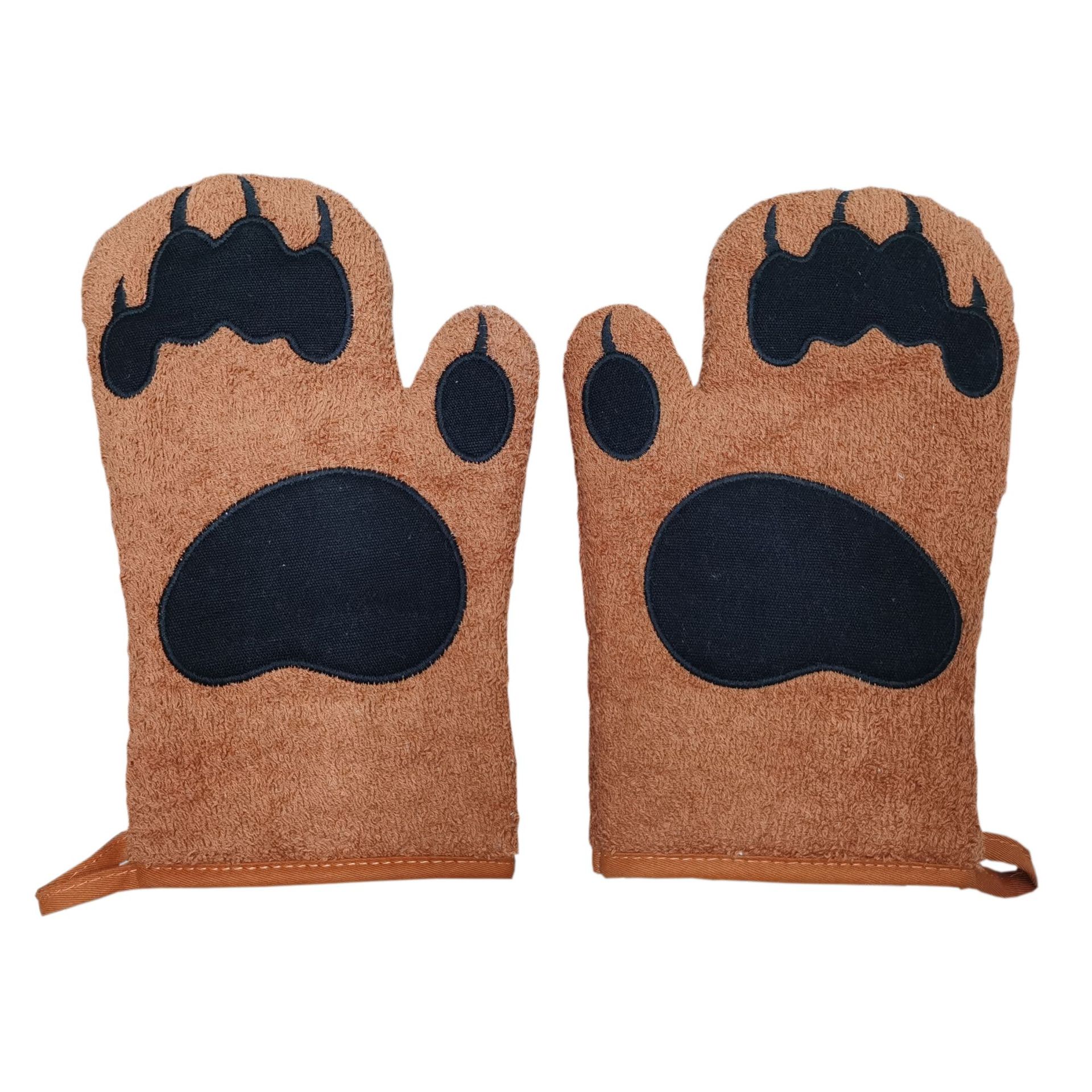 Luvas De Forno Bordadas Bear Paw, Algodão Marrom, Conjunto De 2