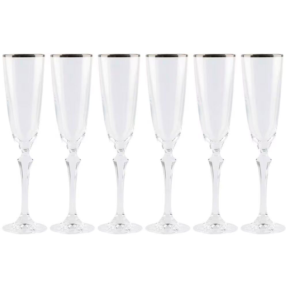 Conjunto De Taças Para Champanhe Elizabeth Em Cristal Ecológico Silver Rim 200 Ml 6 Peças Bohemia