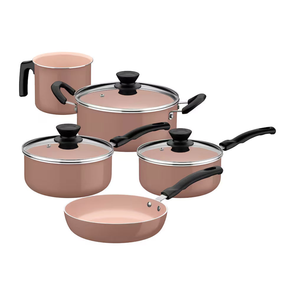 Jogo Panelas Évora 05 Peças Revestimento Cerâmico Tampas De Vidro Tramontina