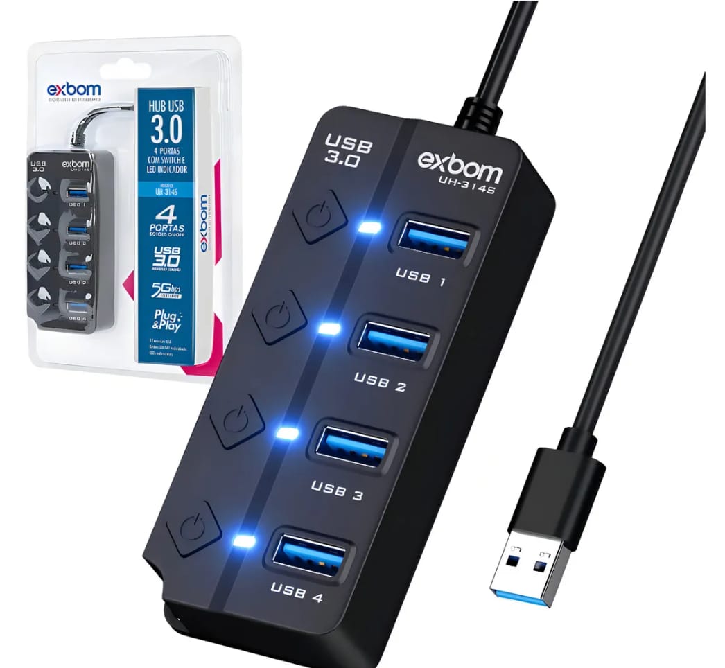 Hub Usb 3.0 Uh-314s 4 Portas Superspeed Led On/off Para Pc, Notebook E Macbook